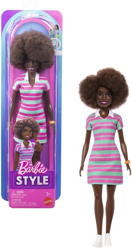 Barbie Fashionistas Doll #247 With Pink And Green Striped Dress, Curly Black Hair