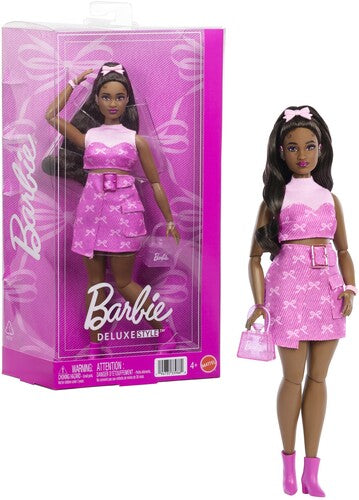 Barbie Deluxe Style Fashion Doll #10 in Pink Denim Top & Skirt Set With Bow Print, Black Hair